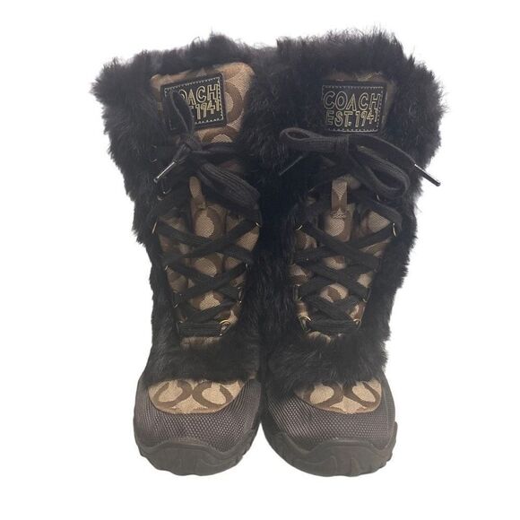 COACH Jeannie Signature Fur Lined Boots Size 7B Mid Calf Brown & Black Size 7B - Picture 2 of 10